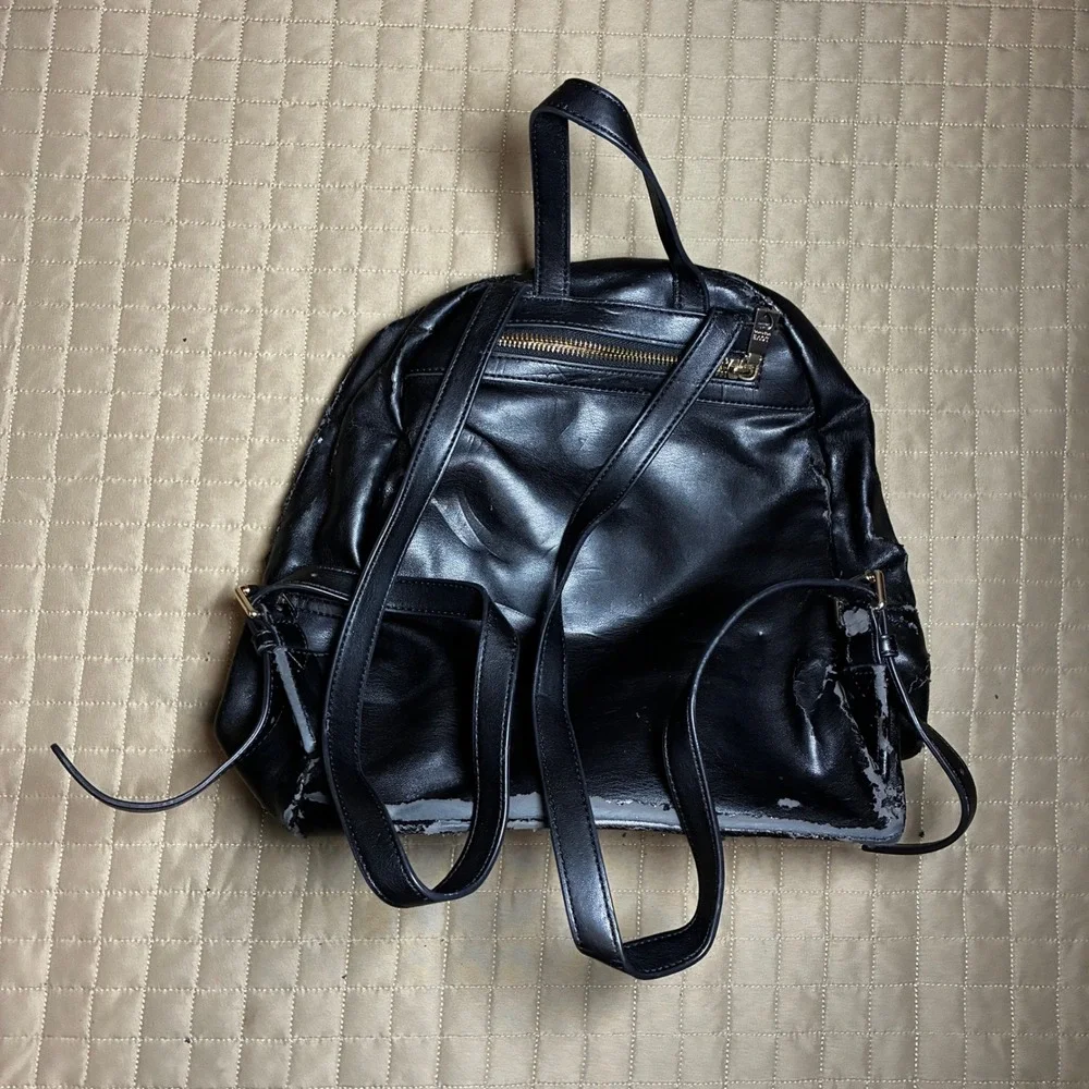 Love‎ Moschino Black Faux Leather Backpack Jeweled Patches Red Logo AS IS Repair